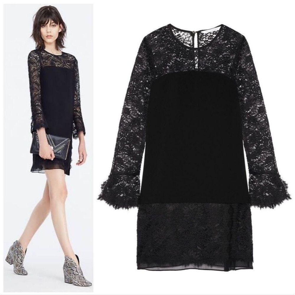 Diane Von Furstenburg Black Lace L Dress Stretch Elegant Cocktail R-2365